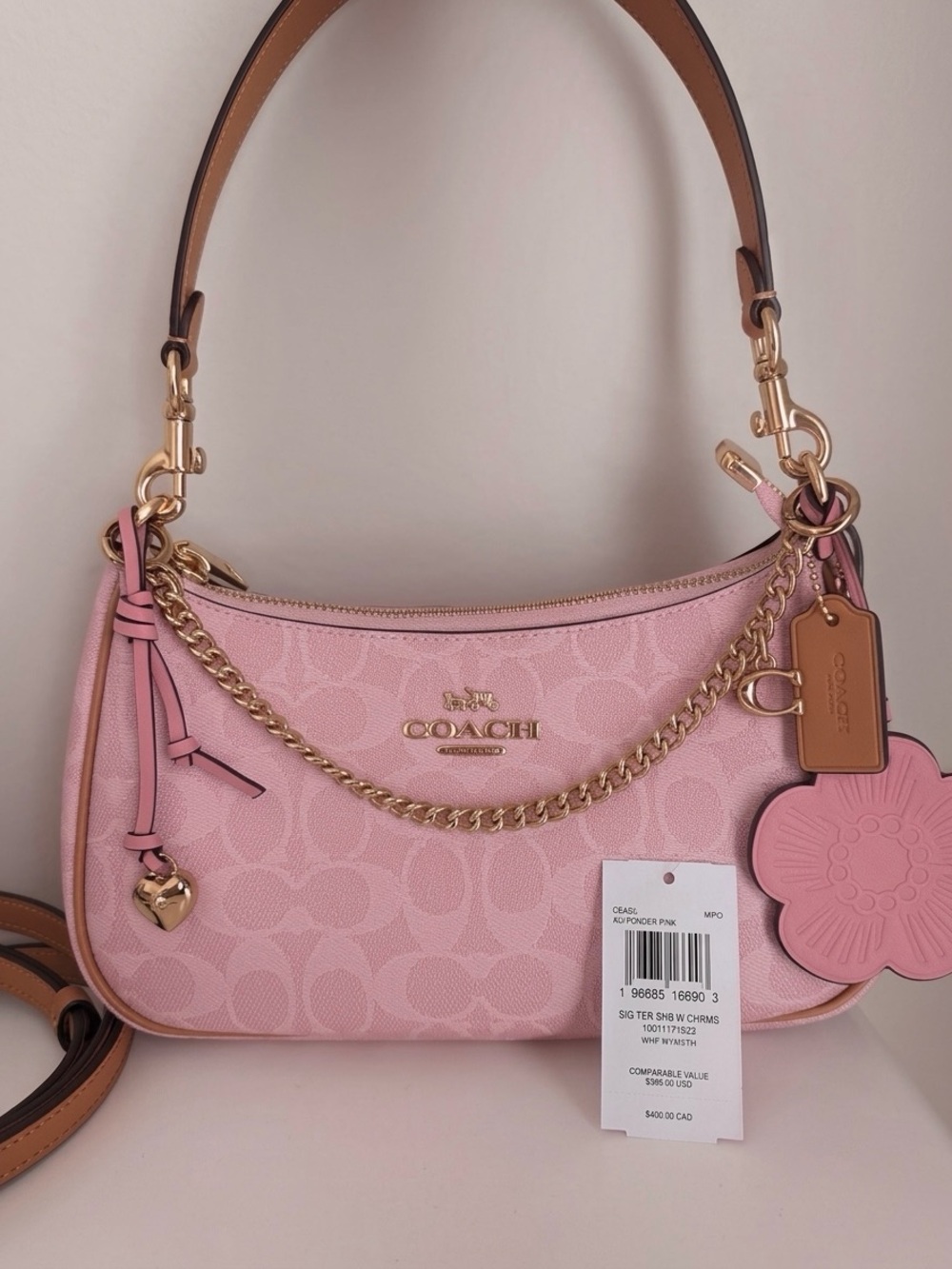 Coach Pink Signature Chain Shoulder Bag with Floral Charm